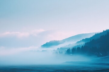 serene landscape enveloped in thick morning mist with subtle hints of human silhouettes hazily blurred in background