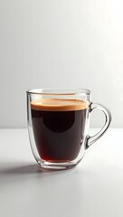 Transparent Glass Coffee Mug Filled with Black Coffee on Plain Light Gray Background

