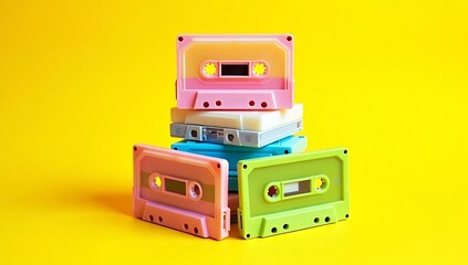 Obraz premium Stack of Colorful Retro Cassette Tapes on Bright Yellow Solid Background