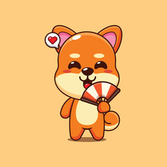 Cute shiba inu cartoon vector illustration with hand fan