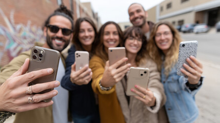 Fototapeta premium Connected Collective: A dynamic group of friends, each captured in a vibrant moment of self-expression. With their phones held high, they embody the spirit of modern connection and shared experience.