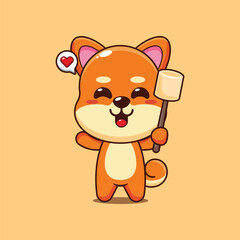 Cute shiba inu cartoon vector illustration eating marshmallow