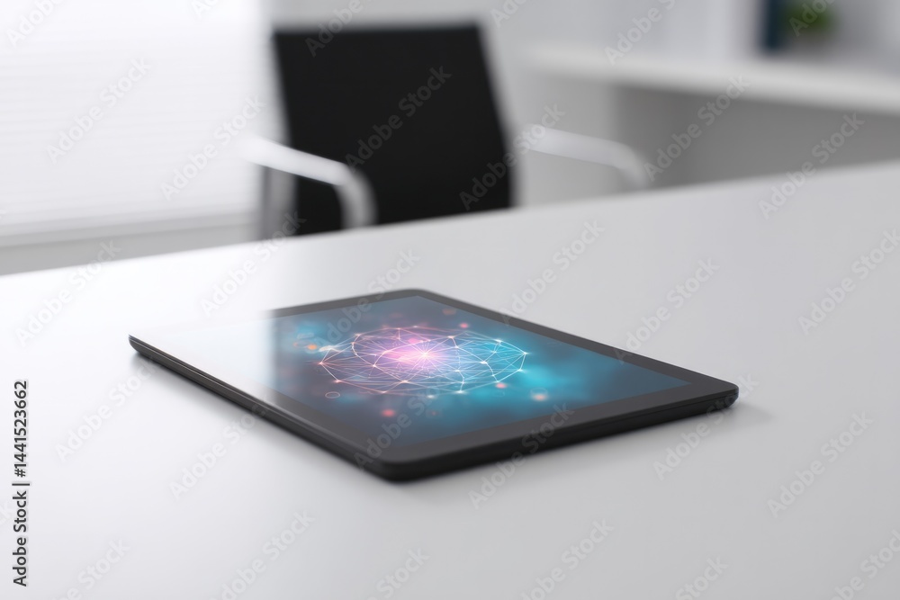 Poster single black tablet on sleek white desk displaying colorful digital network symbolizing ai in busine