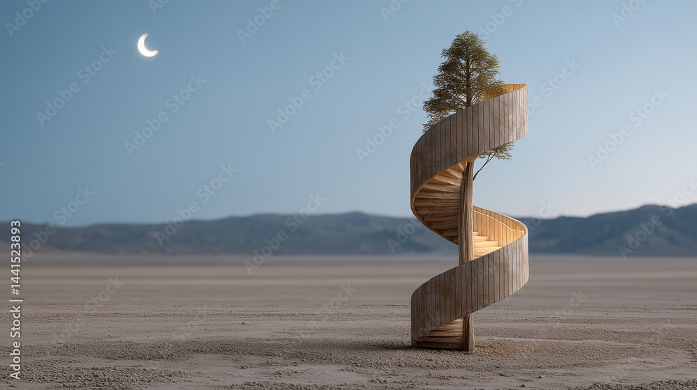 Poster a spiraling ascent in the desert: an inspiring composition presents a uniquely designed architectura