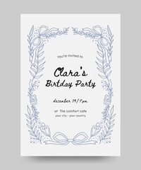 Birthday invitation with hand drawn floral and ribbon illustration. floral frame line art style. Perfect for card, poster, flyer