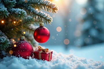 Obraz premium Sparkling ornaments & gifts on snowy branches, discount, ornaments, red