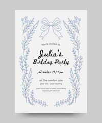 Birthday invitation with hand drawn floral and ribbon illustration. floral frame line art style. Perfect for card, poster, flyer
