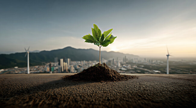 A resilient sapling sprouts from soil against a backdrop of city skyscrapers and mountains, symbolizing the hope of sustainability and the balance between nature and urban life.