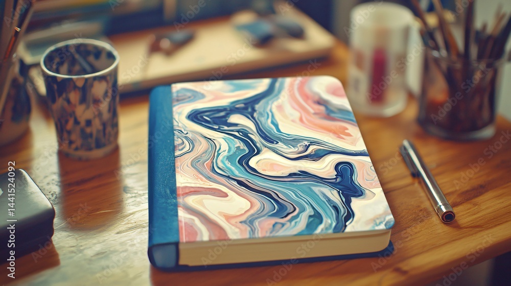 Poster a beautifully crafted book resting on a table creating an inviting workspace with marbled art journa
