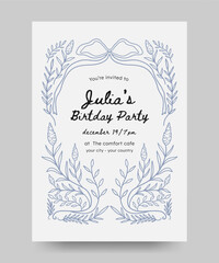 Birthday invitation with hand drawn floral and ribbon illustration. floral frame line art style. Perfect for card, poster, flyer