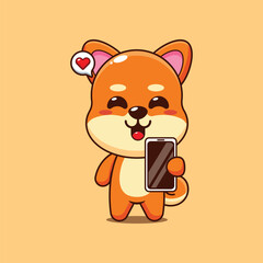 Cute shiba inu cartoon vector illustration with mobile phone