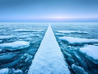 Frozen path across icy sea Winter landscape  of a snow covered path cutting through a frozen ocean with ice floes