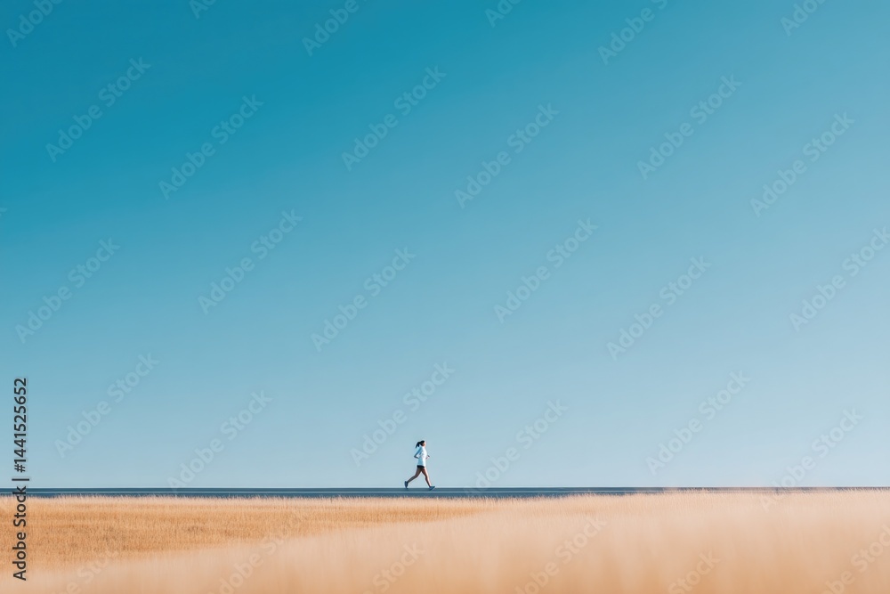 Poster single runner on open track with extended minimalistic foreground and clear sky background emphasizi
