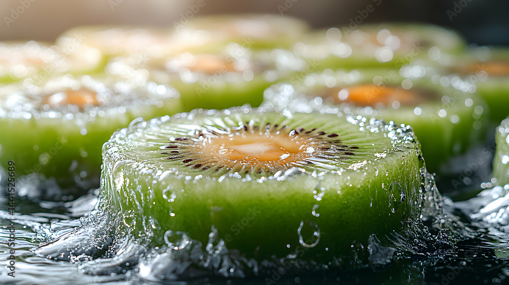 Poster juicy kiwi fruit slices splashing into water, creating vibrant droplets and bubbles. close-up macro 