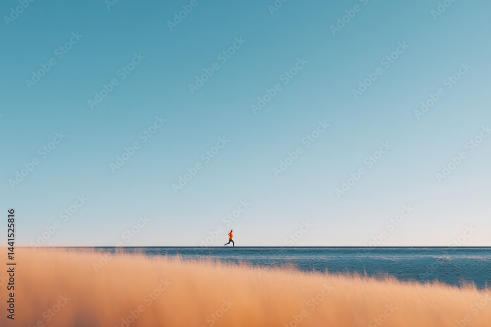 Poster single runner on open track with extended minimalistic foreground and clear sky background emphasizi