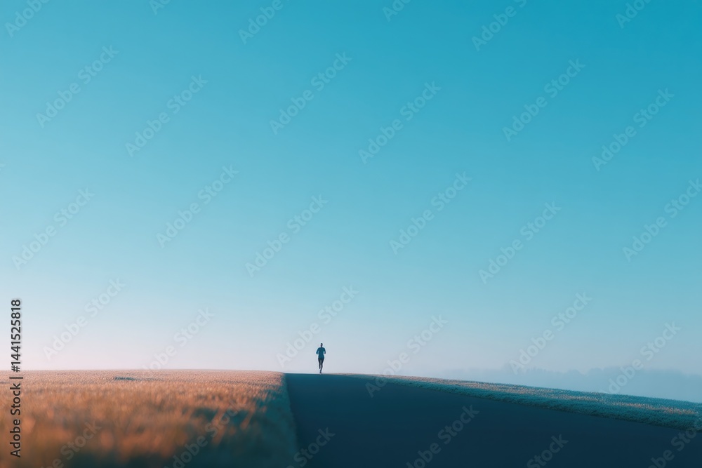 Poster single runner on open track with extended minimalistic foreground and clear sky background emphasizi