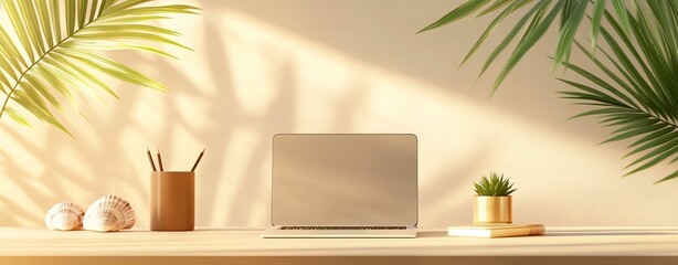 Digital nomads working by the beach, beachside workspace for digital nomads. A serene workspace featuring a laptop, vibrant plants, and warm sunlight for a calming and productive atmosphere.