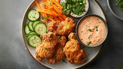 Crispy Fried Chicken with Fresh Vegetables and Dipping Sauce