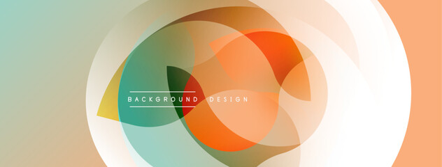 Abstract colorful shapes overlap creating modern background. Soft gradients, smooth transitions define design elements.