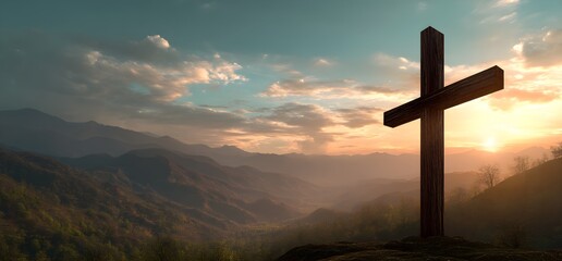 Christian wooden cross on the mountain sunset background