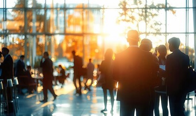 group of business people interacting and networking in modern office lobby with large glass windows and warm sunlight streaming in, creating a professional and energetic atmosphere