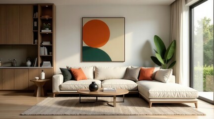 Modern Sectional Sofa in a Sunlit Living Room with Abstract Art and Built-in Shelving