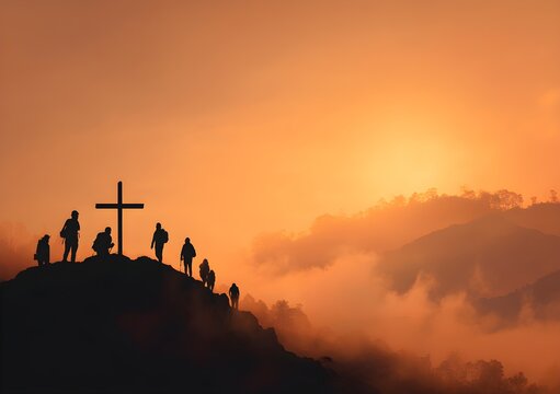 Ascension day concept: Silhouette people looking for the cross on autumn sunrise background