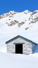 Stone shelter nestled in snowy mountainscape serene winter scene idyllic mountain hut
