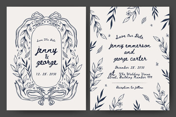 Wedding invitation with hand drawn floral and ribbon illustration. Whimsical floral frame. Perfect for card, poster, flyer