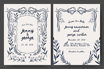Wedding invitation with hand drawn floral and ribbon illustration. Whimsical floral frame. Perfect for card, poster, flyer