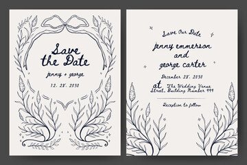Wedding invitation with hand drawn floral and ribbon illustration. Whimsical floral frame. Perfect for card, poster, flyer