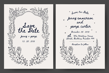 Wedding invitation with hand drawn floral illustration. floral frame line art style. Perfect for card, poster, flyer