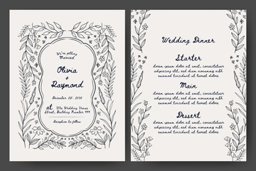 Wedding invitation and menu set with hand drawn floral illustration. floral frame line art style. Perfect for card, poster, flyer