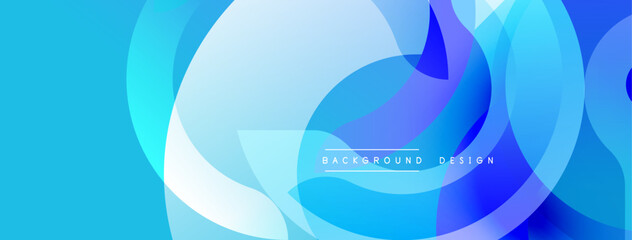 Abstract blue layers create dynamic composition. Overlapping circles suggest depth, modern aesthetic. Smooth gradients offer visual interest.