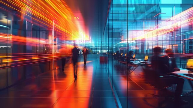 modern office corridor with blurred people walking and seated at desks illuminated by vibrant blue and orange lights, creating a dynamic and futuristic atmosphere