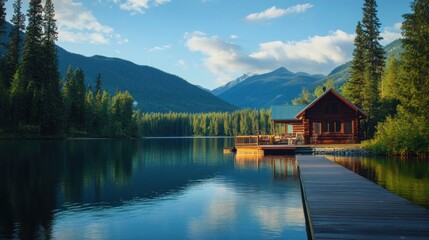 Fototapeta premium Serene Lakeside Cabin Retreat in the Majestic Mountains