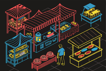 Create a vibrant vector illustration of a bustling night market overhead, showcasing diverse food stalls, happy crowds, and glowing lanterns.  Include various Asian-inspired elements.