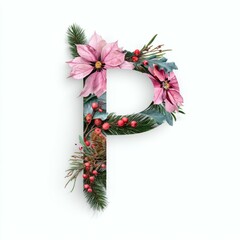 Floral Letter P Design with Pink Poinsettias, Pine Sprigs and Red Berries on White