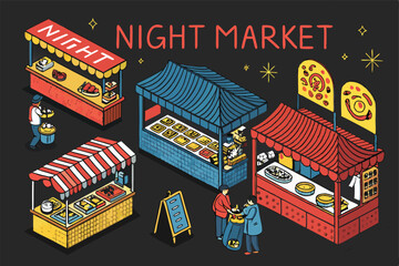Create a vibrant vector illustration of a bustling night market overhead view, showcasing diverse food stalls, happy crowds, and glowing lanterns.  Include intricate details and a lively atmosphere.