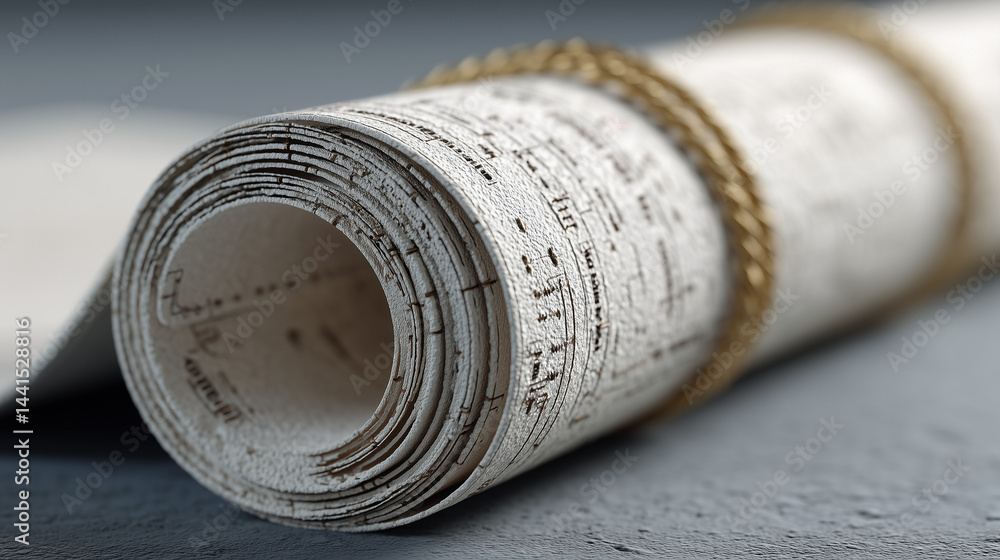 Poster ancient manuscript scroll: close-up of a meticulously crafted parchment scroll, rolled and bound wit