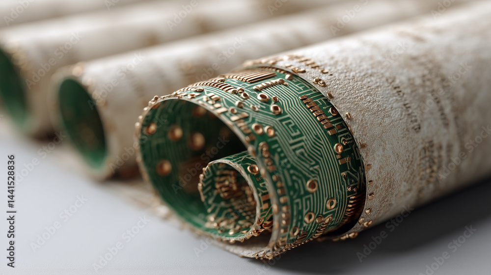Poster circuit board roll: an abstract close-up of a rolled-up circuit board, highlighting the intricate de