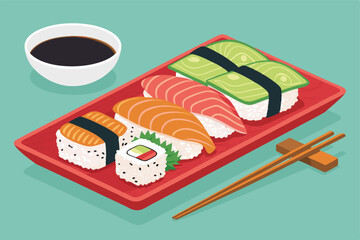 Create a vibrant vector illustration of friends sharing a delicious sushi platter, showcasing various types of sushi and joyful expressions.