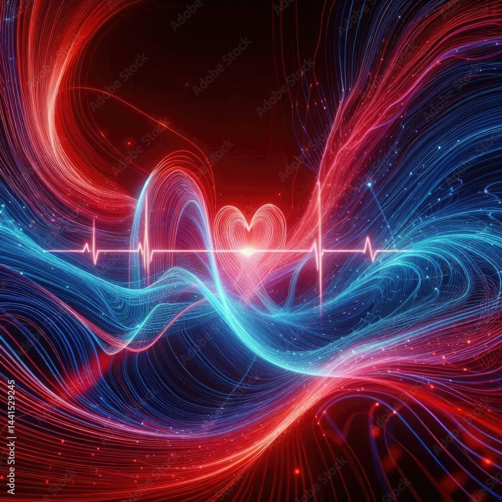 Poster abstract, flowing lines of vibrant red and deep blue intertwining and pulsing with a gentle, consist
