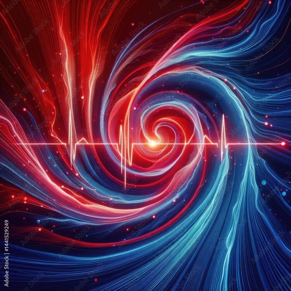 Poster abstract, flowing lines of vibrant red and deep blue intertwining and pulsing with a gentle, consist