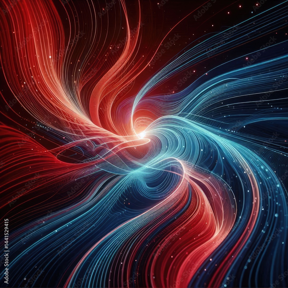 Poster abstract, flowing lines of vibrant red and deep blue intertwining and pulsing with a gentle, consist