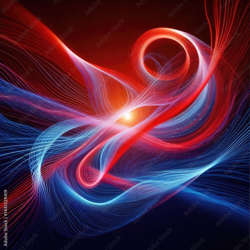 Poster abstract, flowing lines of vibrant red and deep blue intertwining and pulsing with a gentle, consist