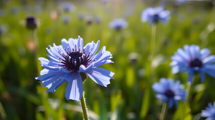 Fototapeta premium Blue cornflower petals unfolding from its green stem in a warm sunlight, blue flowers,, spring growth