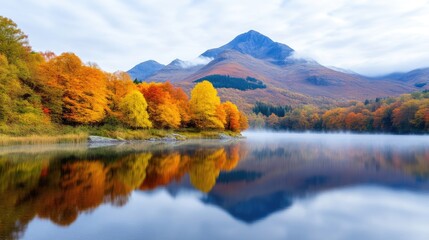 Obraz premium Autumn forest with vibrant orange and yellow foliage reflecting in a calm lake with a mountain peak under a cloudy sky.