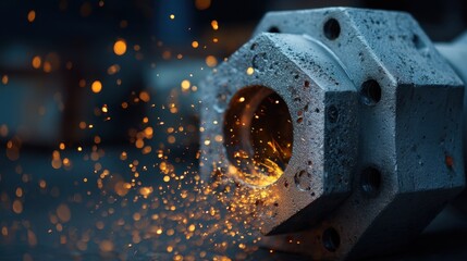 Industrial metal component with precision details and flying sparks in a controlled environment. The close-up shot highlights the intricate features of the component. 