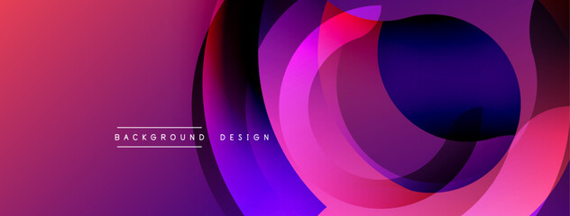 Abstract gradient layers create dynamic composition. Overlapping circles form modern visual effect. Vibrant purple hues dominate design.